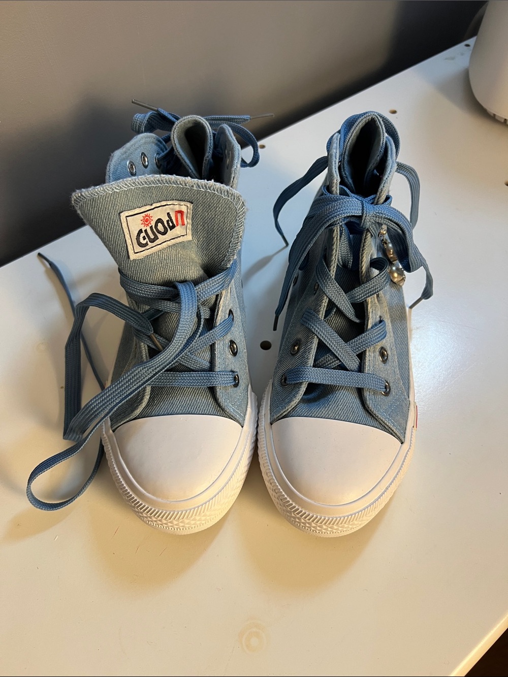 NWOT High-Top Canvas Sneakers with Skull Charms in Light Blue
